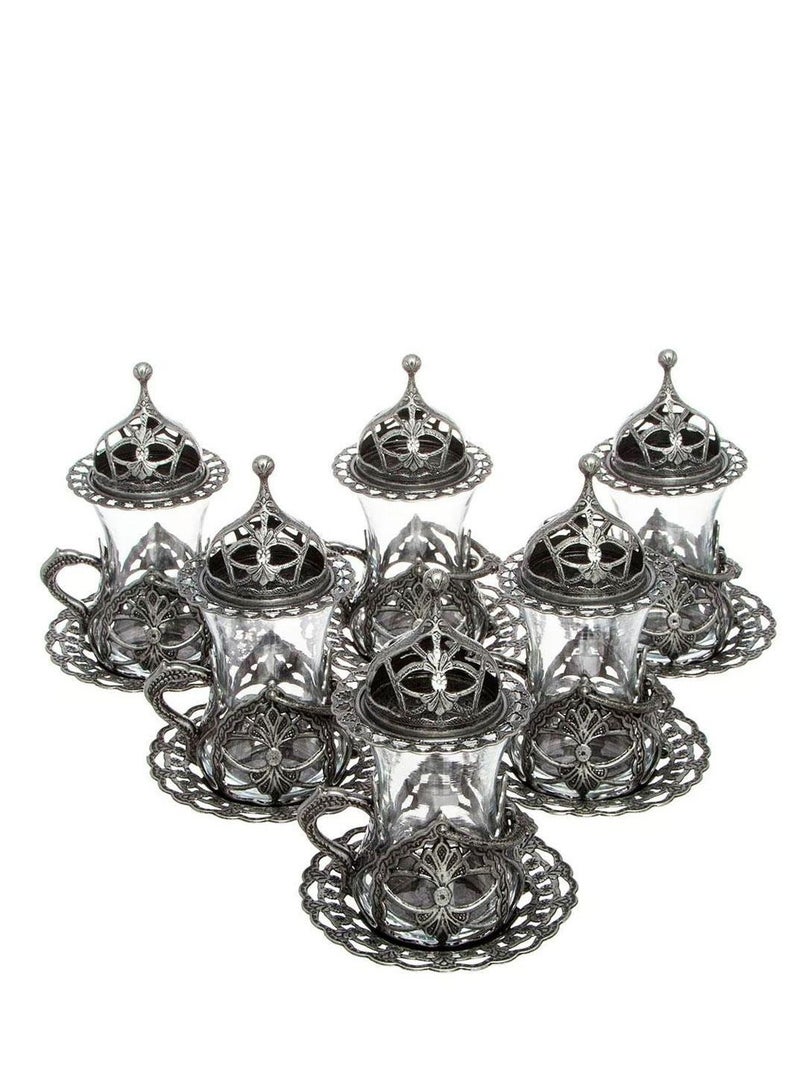 Acar Handmade Copper & Glass Turkish Tea Set (6 Glass Cups with Openable Tops (for Chocolate, Dates, or Turkish Delights) with Copper Saucers, Holders) – Antique Silver Finish, Luxury Design from Türkiye - Image 5