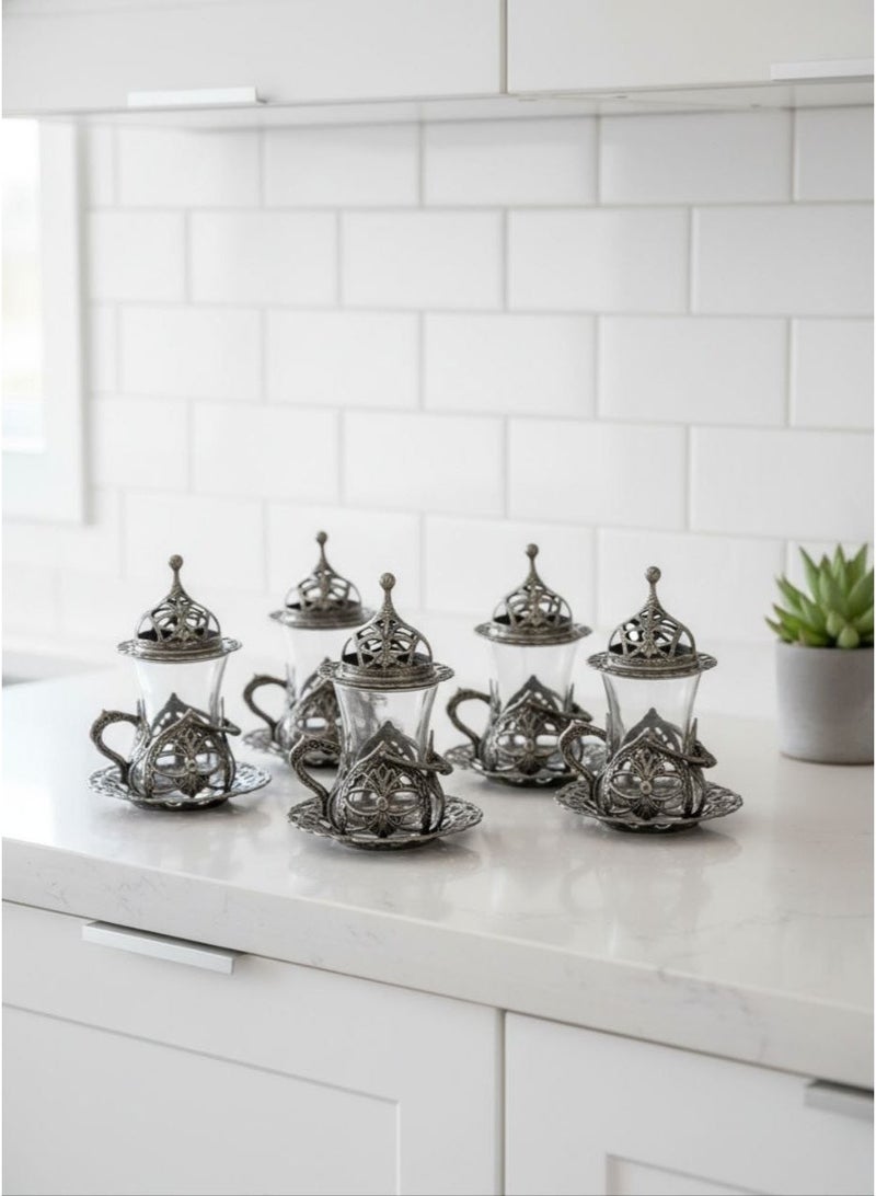 Acar Handmade Copper & Glass Turkish Tea Set (6 Glass Cups with Openable Tops (for Chocolate, Dates, or Turkish Delights) with Copper Saucers, Holders) – Antique Silver Finish, Luxury Design from Türkiye - Image 1