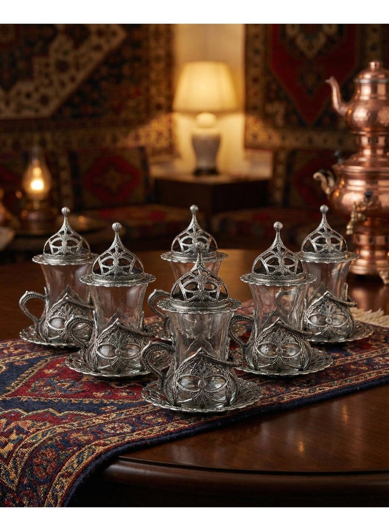 Acar Handmade Copper & Glass Turkish Tea Set (6 Glass Cups with Openable Tops (for Chocolate, Dates, or Turkish Delights) with Copper Saucers, Holders) – Antique Silver Finish, Luxury Design from Türkiye - Image 3