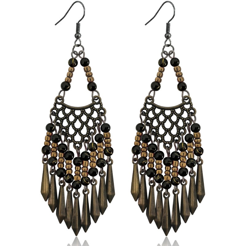 KVANU Handmade Vintage Bronze Bohemian Long Tassel Colorful Bead Dangle Drop Earrings Big Tribal Chandelier Geometry Hook Earrings for Women Statement Jewelry Gifts (Black) - Image 1
