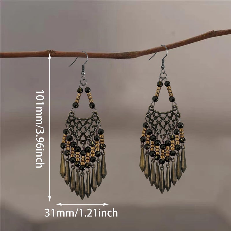 KVANU Handmade Vintage Bronze Bohemian Long Tassel Colorful Bead Dangle Drop Earrings Big Tribal Chandelier Geometry Hook Earrings for Women Statement Jewelry Gifts (Black) - Image 2