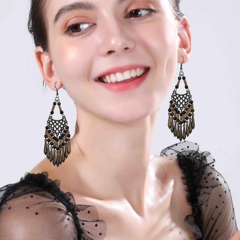 KVANU Handmade Vintage Bronze Bohemian Long Tassel Colorful Bead Dangle Drop Earrings Big Tribal Chandelier Geometry Hook Earrings for Women Statement Jewelry Gifts (Black) - Image 4