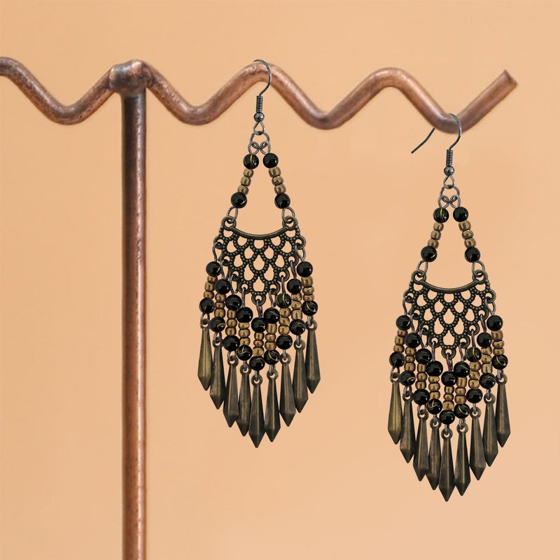 KVANU Handmade Vintage Bronze Bohemian Long Tassel Colorful Bead Dangle Drop Earrings Big Tribal Chandelier Geometry Hook Earrings for Women Statement Jewelry Gifts (Black) - Image 3