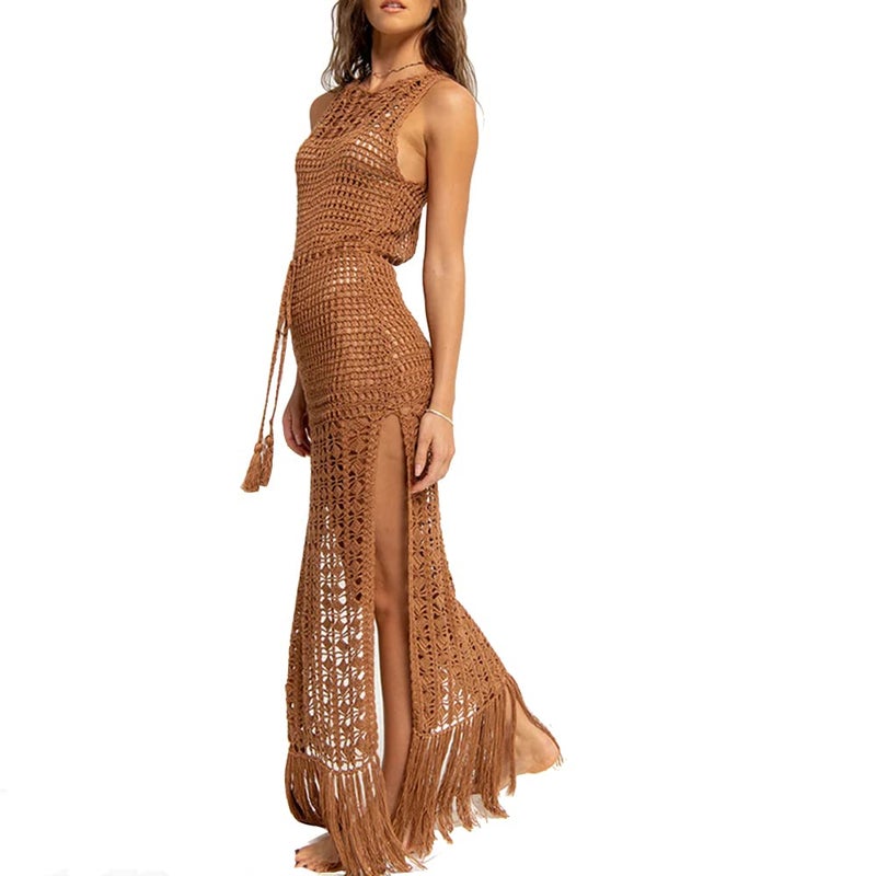 4UFIT Women's Sexy Tassle Crochet Maxi Dress Boho Hollow Out Backless Fringe Hem Split Cover Up - Image 1