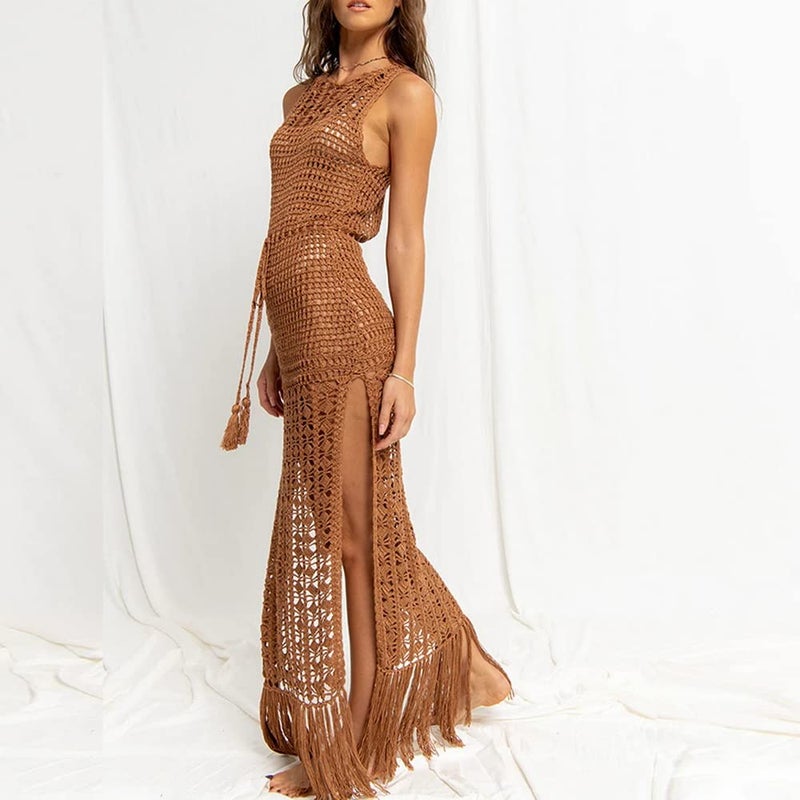 4UFIT Women's Sexy Tassle Crochet Maxi Dress Boho Hollow Out Backless Fringe Hem Split Cover Up - Image 3