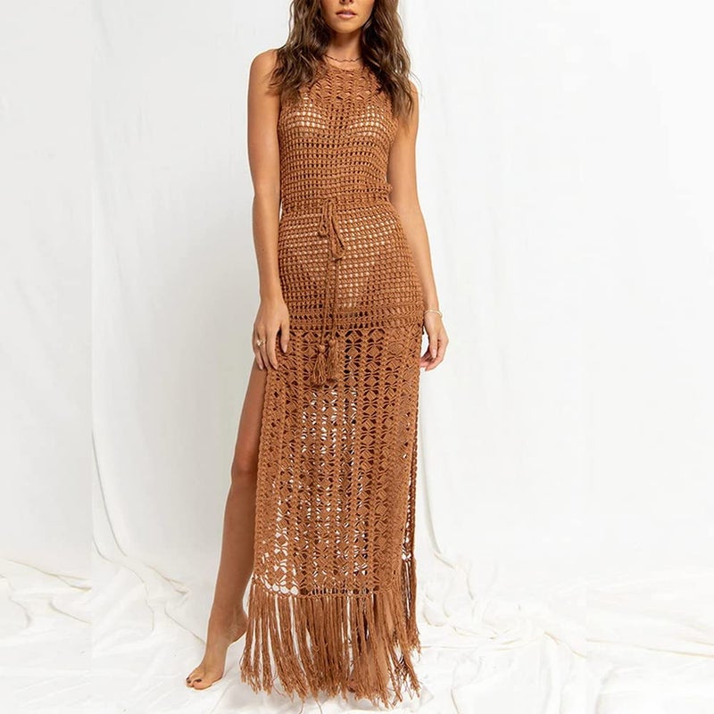 4UFIT Women's Sexy Tassle Crochet Maxi Dress Boho Hollow Out Backless Fringe Hem Split Cover Up - Image 2