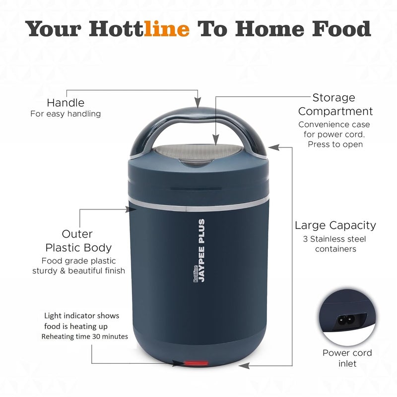 JAYPEE PLUS صندوق غداء كهربائي من هوتلاين 3-320X3 مل من الفولاذ المقاوم للصدأ للرجال والنساء | تصميم مضاد للصدمات | خالي من BPA | إعادة تسخين الطعام في 30 دقيقة | حقيبة ملائمة لكابل الطاقة | ترموستات مدمج، أزرق داكن - Image 3