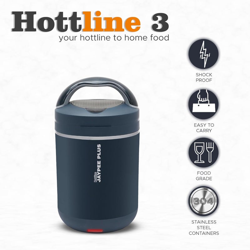 JAYPEE PLUS صندوق غداء كهربائي من هوتلاين 3-320X3 مل من الفولاذ المقاوم للصدأ للرجال والنساء | تصميم مضاد للصدمات | خالي من BPA | إعادة تسخين الطعام في 30 دقيقة | حقيبة ملائمة لكابل الطاقة | ترموستات مدمج، أزرق داكن - Image 4