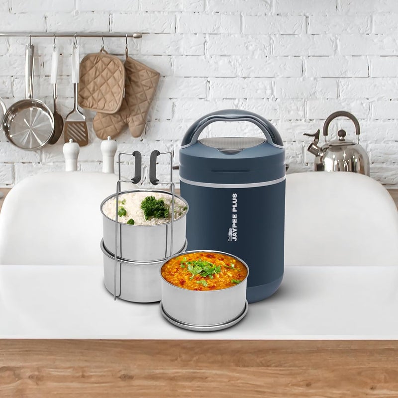 JAYPEE PLUS صندوق غداء كهربائي من هوتلاين 3-320X3 مل من الفولاذ المقاوم للصدأ للرجال والنساء | تصميم مضاد للصدمات | خالي من BPA | إعادة تسخين الطعام في 30 دقيقة | حقيبة ملائمة لكابل الطاقة | ترموستات مدمج، أزرق داكن - Image 2