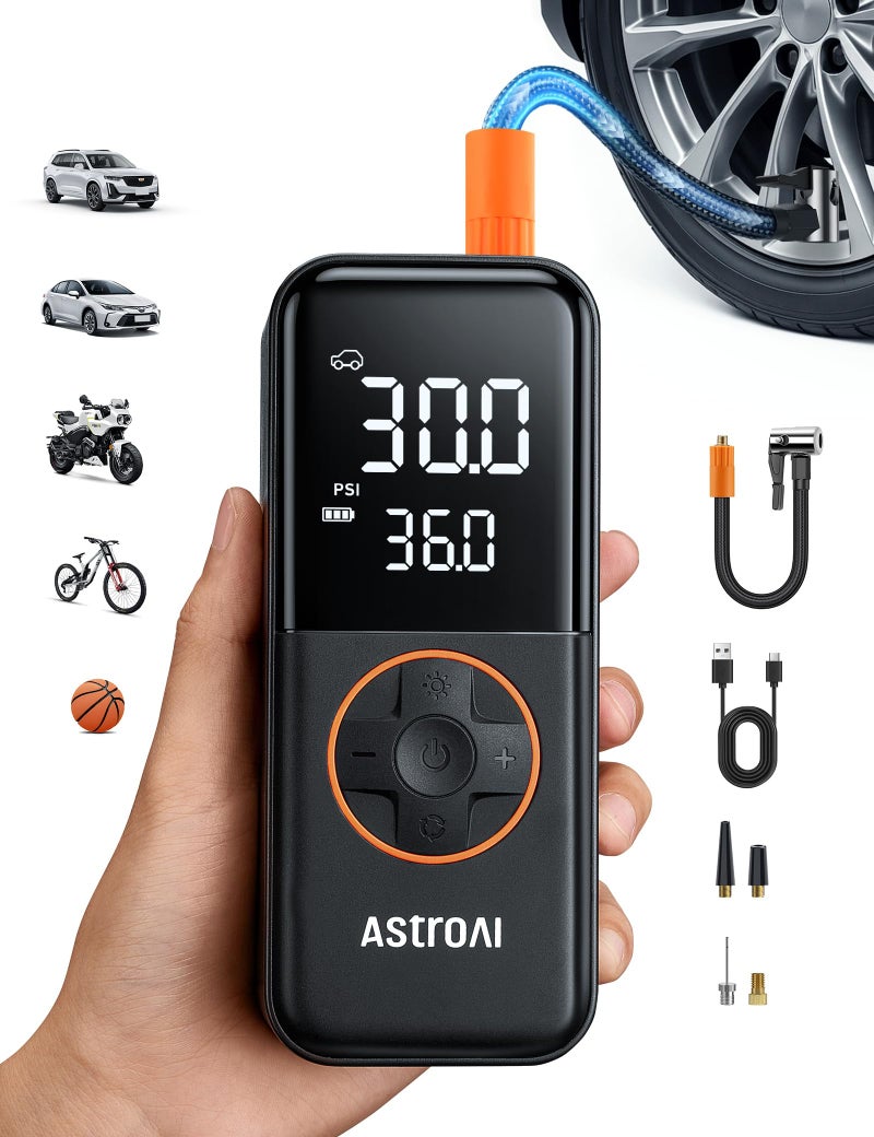 ضاغط هواء محمول AstroAI L4 لضخ الإطارات 150PSI مضخة هواء محمولة لإطارات السيارات مع مقياس ضغط وضوء LED مضخة هواء كهربائية تضخ بسرعة للسيارات والدراجات النارية والدراجات والإطارات والكرات