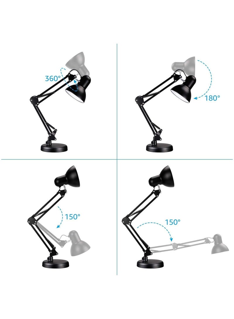 مصباح مكتب معدني بذراع متارجح وقاعدة قابلة للتبديل او مشبك كلاسيكي للتثبيت على طاولة الدراسة، مصباح متعدد المفاصل وبذراع قابل للتعديل ولمسة نهائية سوداء LED موفرة للطاقة، مصباح مكتبي - Image 3