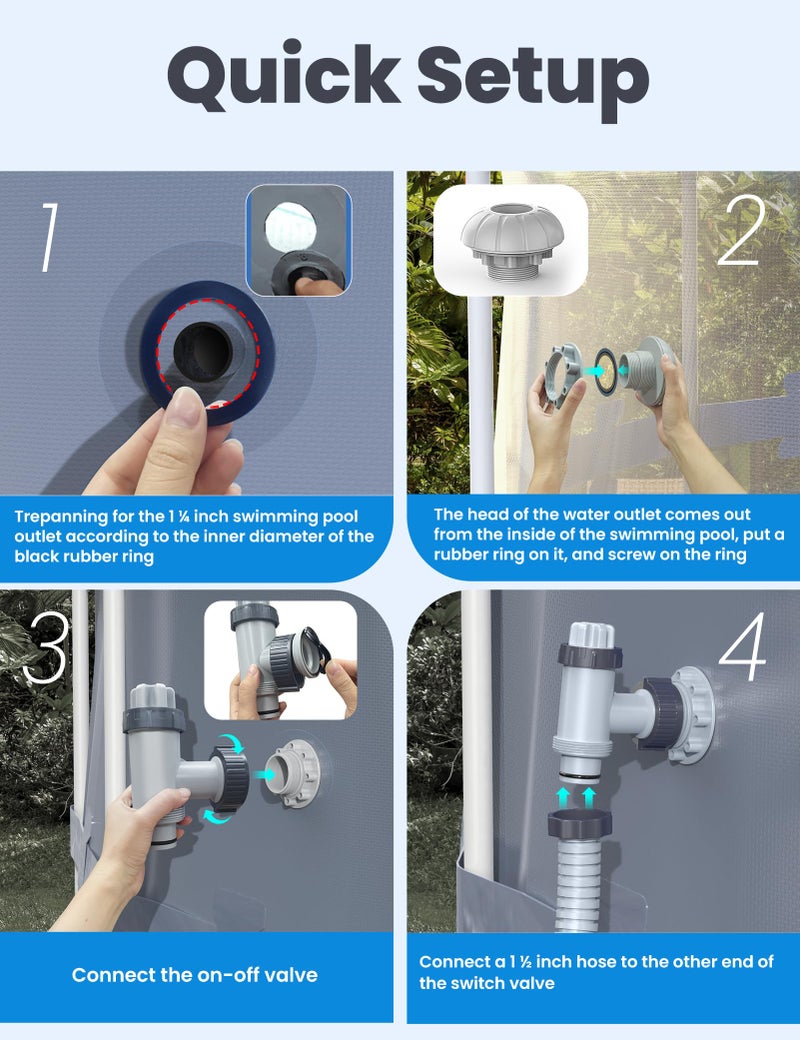 POOLHACKER Above Ground Swimming Pool Inlet & Outlet Replacement Kit, Includes 1.25" Outlet Strainer, 1.5" Inlet Jet Nozzle, Dual Split Hose Plunger Valve & Single Shut-Off Valve - Image 5