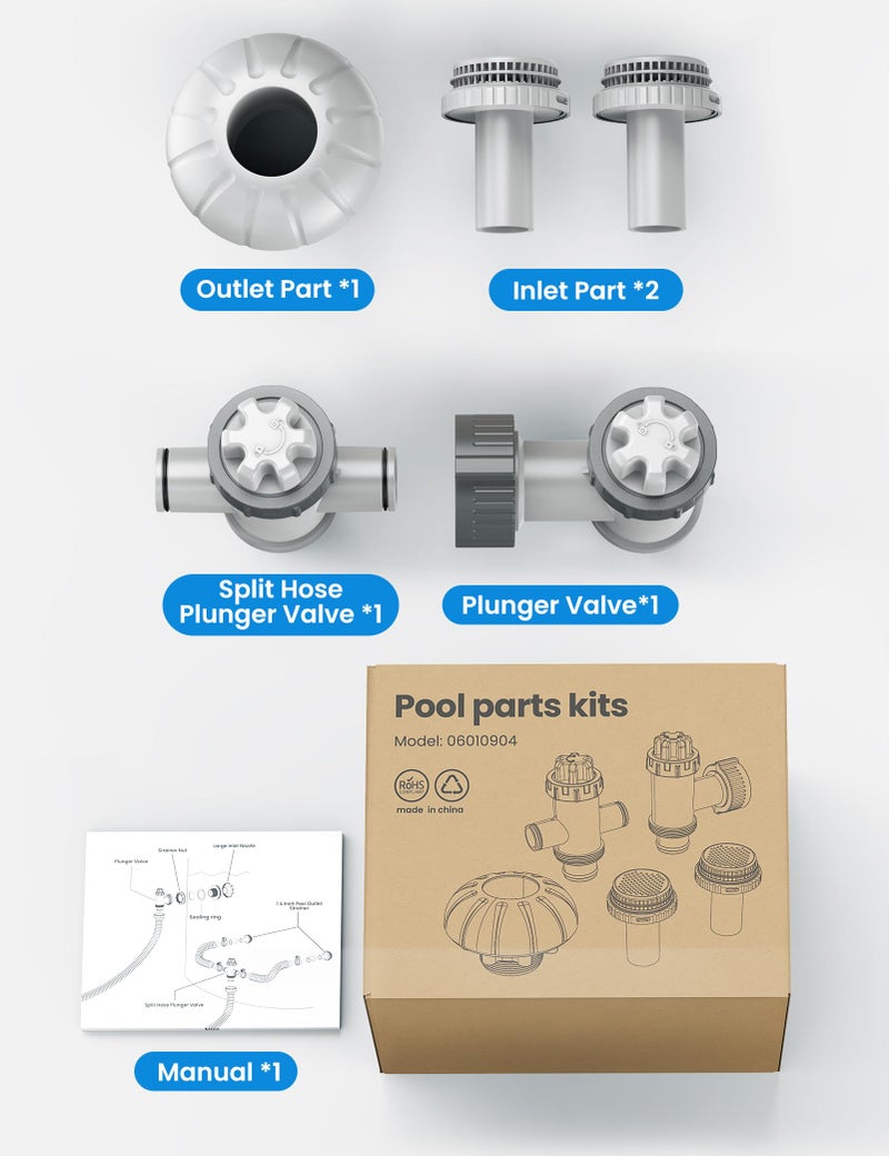 POOLHACKER Above Ground Swimming Pool Inlet & Outlet Replacement Kit, Includes 1.25" Outlet Strainer, 1.5" Inlet Jet Nozzle, Dual Split Hose Plunger Valve & Single Shut-Off Valve - Image 4