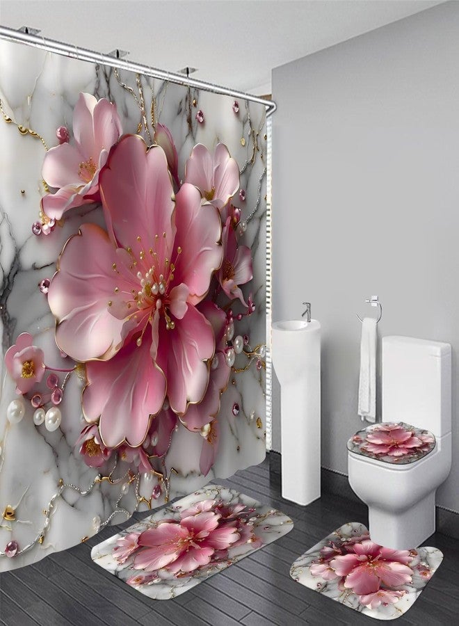 AZHM 4Pcs Pink 3D Floral Bathroom Shower Curtain Set Modern Marble Shower Curtain and Rugs Spring Flower Bathroom Set with Accessories and 12 Hooks - Image 1