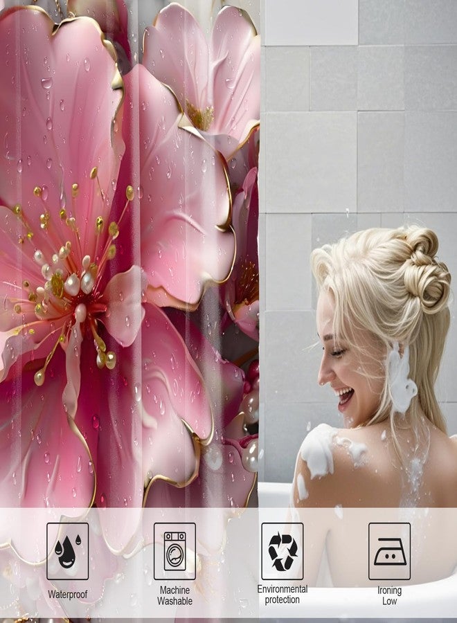 AZHM 4Pcs Pink 3D Floral Bathroom Shower Curtain Set Modern Marble Shower Curtain and Rugs Spring Flower Bathroom Set with Accessories and 12 Hooks - Image 4