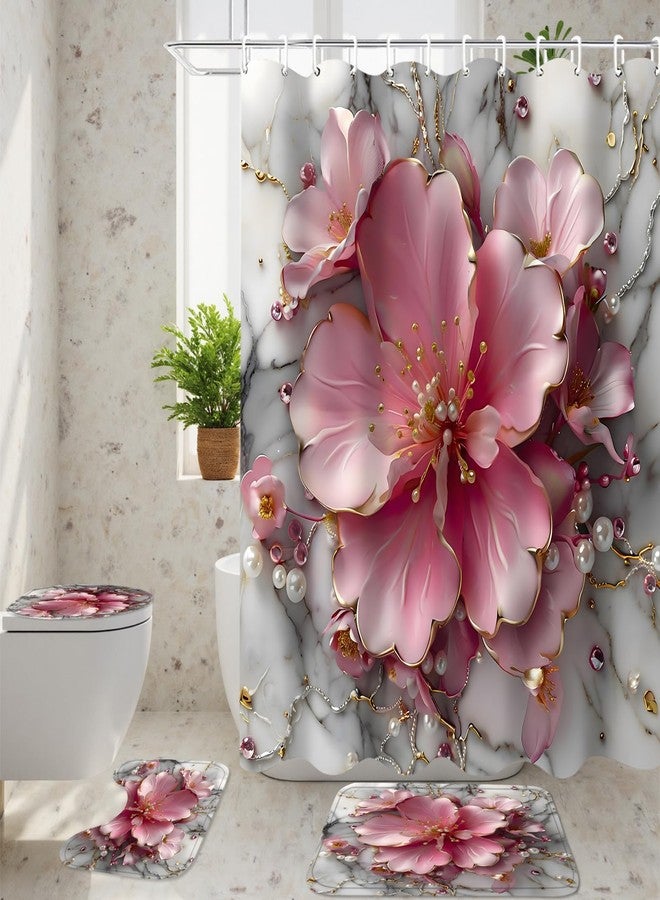 AZHM 4Pcs Pink 3D Floral Bathroom Shower Curtain Set Modern Marble Shower Curtain and Rugs Spring Flower Bathroom Set with Accessories and 12 Hooks - Image 2