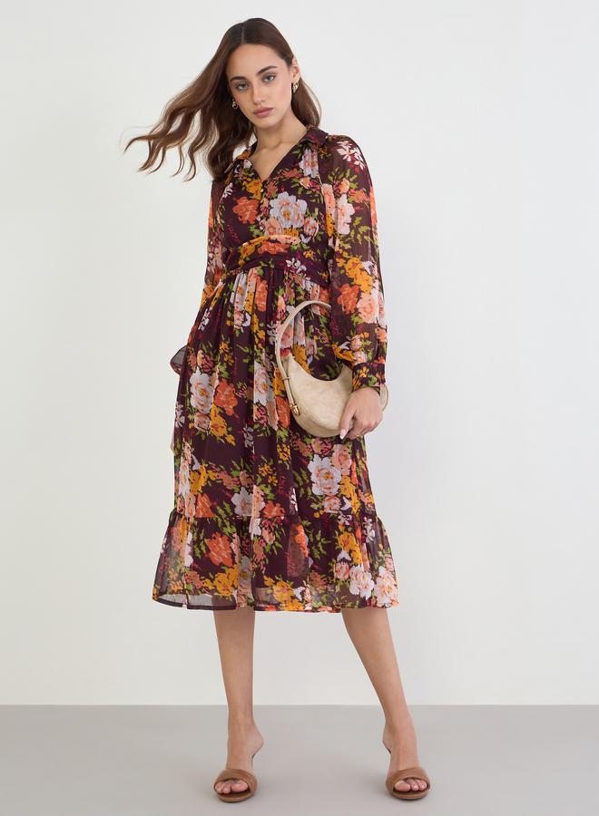 Floral Print Balloon Sleeve A-Line Maxi Dress