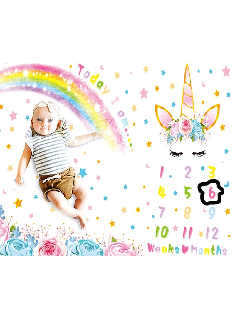 Baby Monthly Milestone Blanket, Cute Unicorn Design, 60” × 40” Soft Fleece Photography Background Blanket Weekly Monthly Girls Infant Quilt Newborn Birthday - Image 1