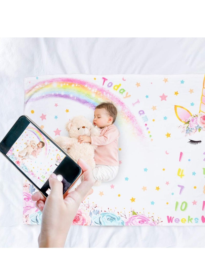 Baby Monthly Milestone Blanket, Cute Unicorn Design, 60” × 40” Soft Fleece Photography Background Blanket Weekly Monthly Girls Infant Quilt Newborn Birthday - Image 3