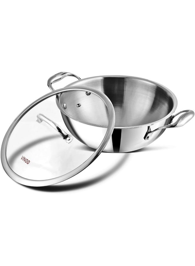 VINOD Platinum Triply Stainless Steel Extra Deep Kadai with Glass Lid  - Image 1
