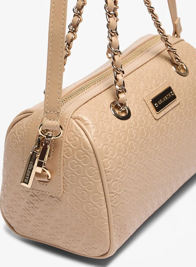 Celeste Women's Monogram Embossed Bowler Bag with Double Handle and Zip Closure