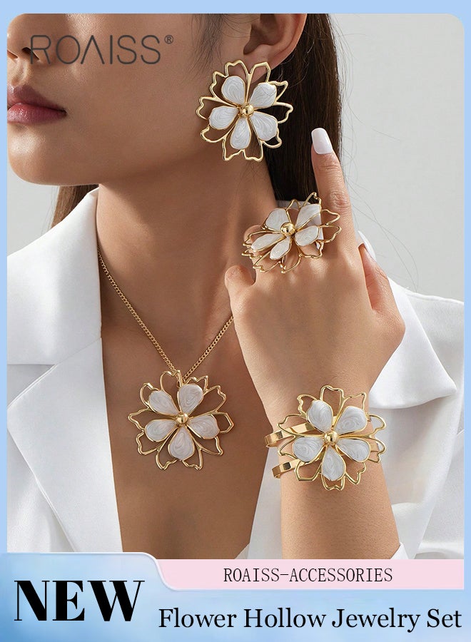 roaiss 5 Pcs Women's Jewelry Set, Double-layer Hollow Three-dimensional Flower Ring, Bracelet, Earrings and Necklace, Suitable for Daily Wear and Formal Occasions - Image 1