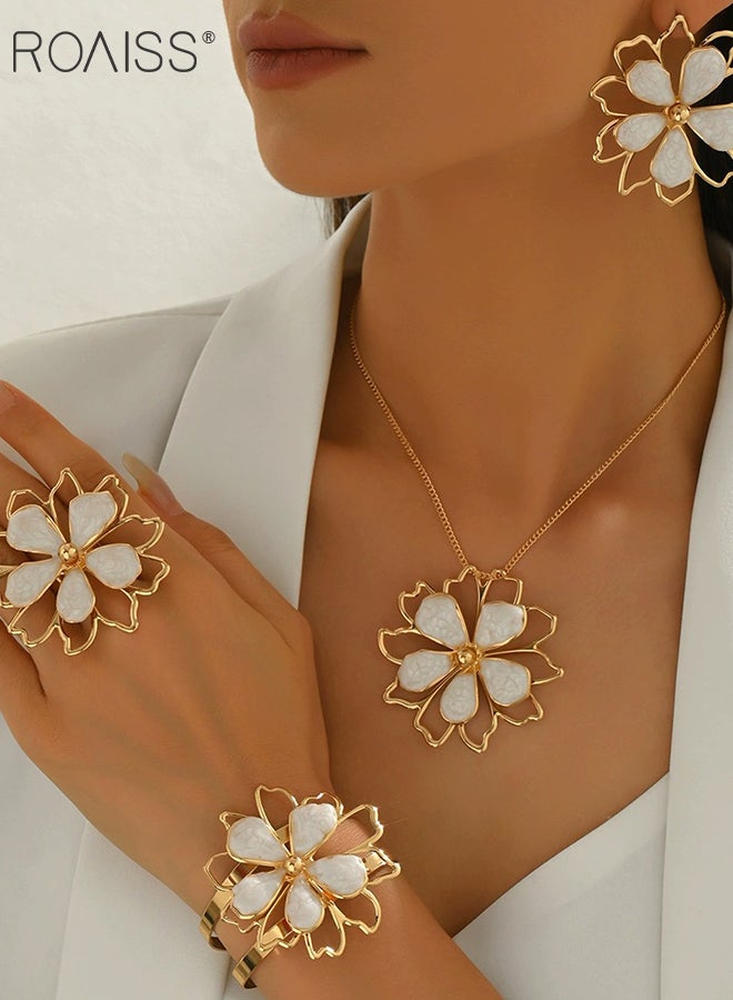 roaiss 5 Pcs Women's Jewelry Set, Double-layer Hollow Three-dimensional Flower Ring, Bracelet, Earrings and Necklace, Suitable for Daily Wear and Formal Occasions - Image 2