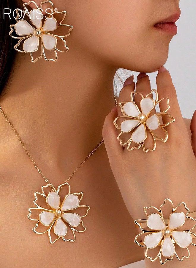 roaiss 5 Pcs Women's Jewelry Set, Double-layer Hollow Three-dimensional Flower Ring, Bracelet, Earrings and Necklace, Suitable for Daily Wear and Formal Occasions - Image 3