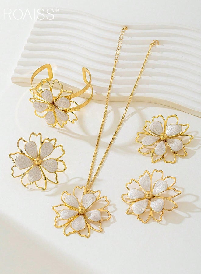 roaiss 5 Pcs Women's Jewelry Set, Double-layer Hollow Three-dimensional Flower Ring, Bracelet, Earrings and Necklace, Suitable for Daily Wear and Formal Occasions - Image 4