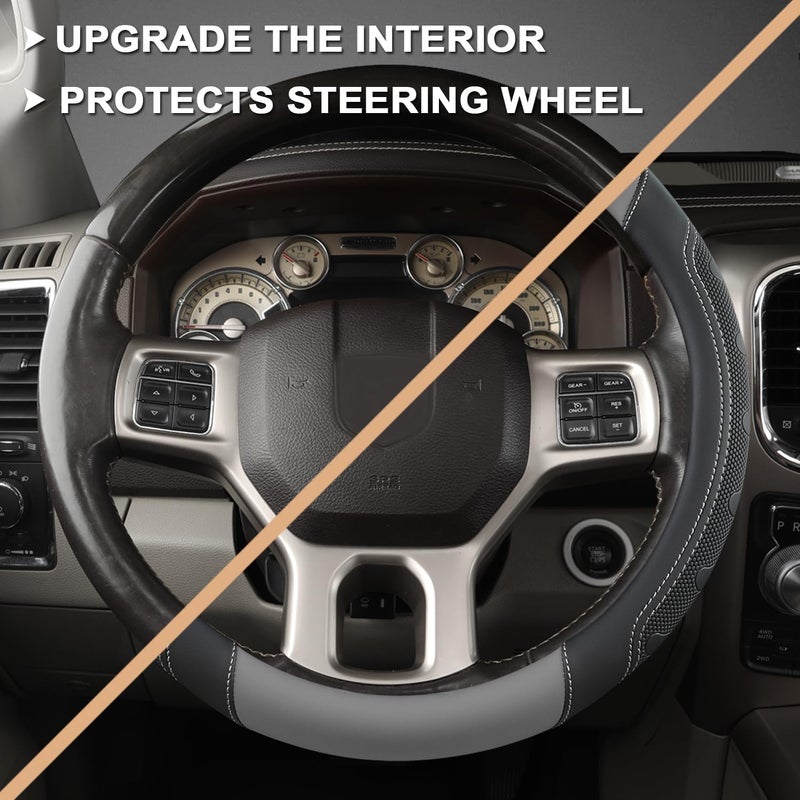 GIANT PANDA Car Steering Wheel Cover for RAM 1500 2500 3500, Compatible with Dodge RAM 15.5-16 inches - Black+Gray - Image 3