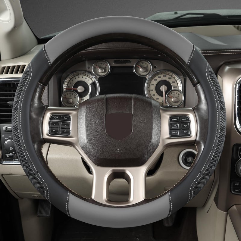 GIANT PANDA Car Steering Wheel Cover for RAM 1500 2500 3500, Compatible with Dodge RAM 15.5-16 inches - Black+Gray - Image 1