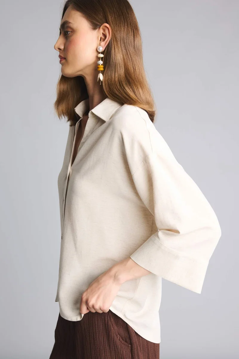 ديفاكتو Shirt Collar Linen Blended Short Sleeve Shirt