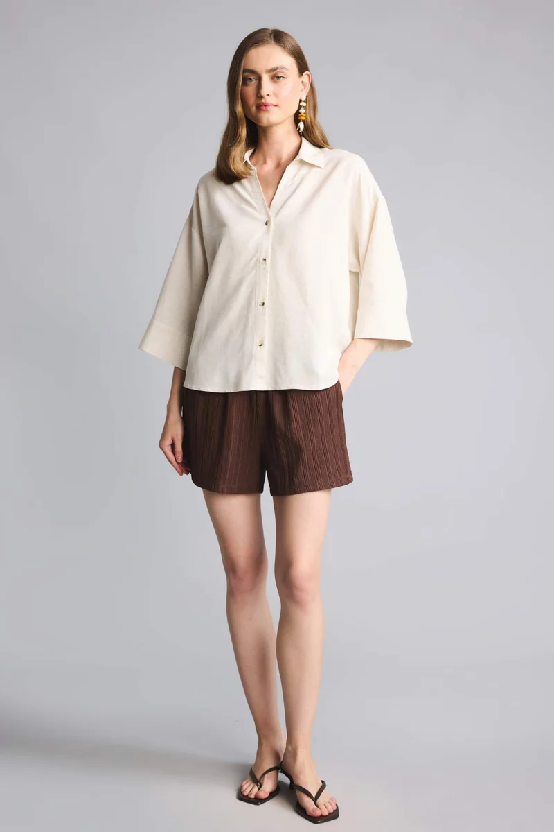 ديفاكتو Shirt Collar Linen Blended Short Sleeve Shirt