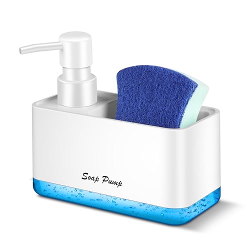 Eavida Dish Soap Dispenser with Sponge Holder, 2-in-1 Countertop Small Soap Dispenser for Kitchen and Bathroom, Multi-Scene for Dish Soap, Hand Soap, Lotion, Body Wash (White) - Image 1