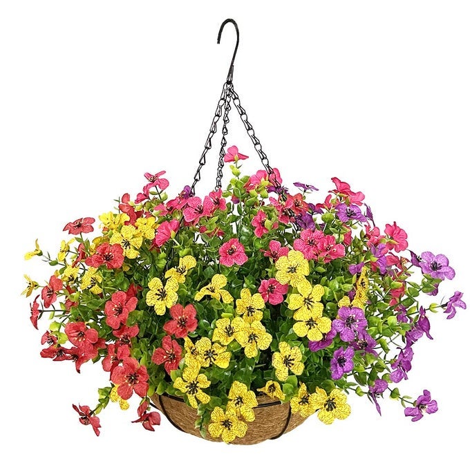 ARTIFICIAL FLOWERS IN BASKETARTIFICIAL HANGING BASKETS WITH FLOWERS FOR OUTDOOR INDOOR COURTYARD DECOR12 INCH COCONUT LINING BASKET FOR PATIO GARDEN PORCH DECK DECORATION