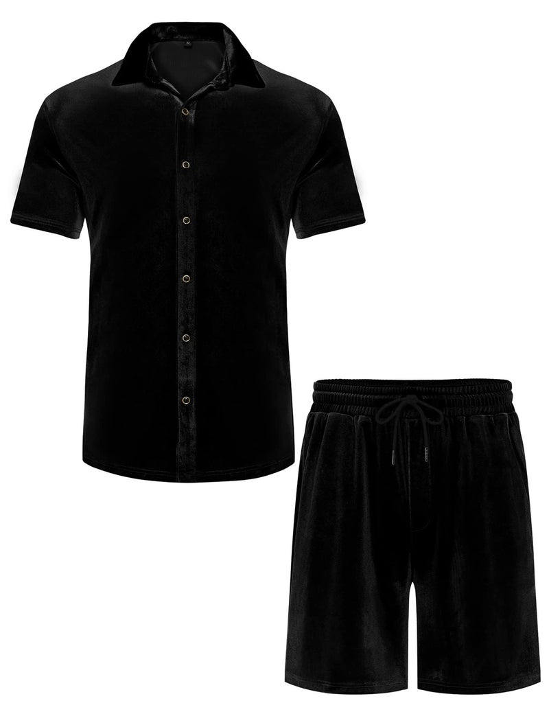 LecGee Men Two Piece Outfits Sets Casual Short Sleeve Button Down Shirt Short Solid Fashion Loungewear Set(Black,Medium) - Image 4