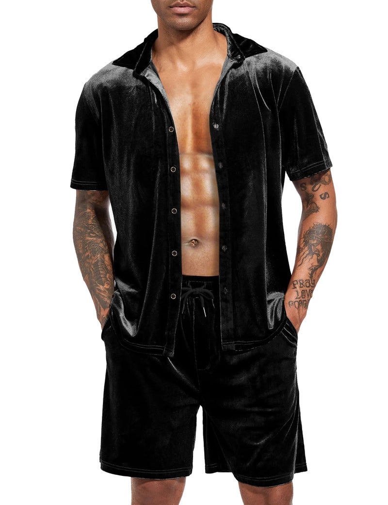 LecGee Men Two Piece Outfits Sets Casual Short Sleeve Button Down Shirt Short Solid Fashion Loungewear Set(Black,Medium) - Image 1