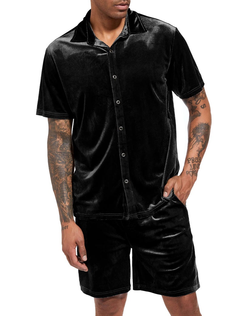 LecGee Men Two Piece Outfits Sets Casual Short Sleeve Button Down Shirt Short Solid Fashion Loungewear Set(Black,Medium) - Image 2