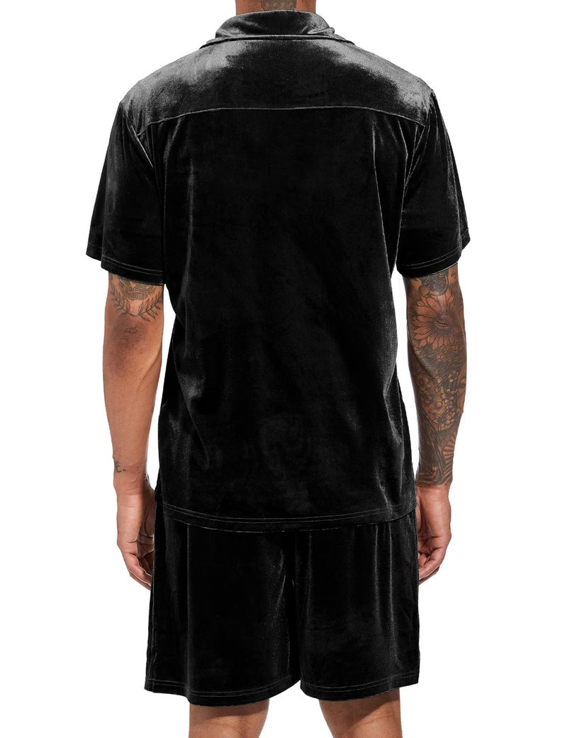 LecGee Men Two Piece Outfits Sets Casual Short Sleeve Button Down Shirt Short Solid Fashion Loungewear Set(Black,Medium) - Image 3