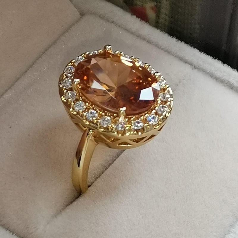 guidecun Golden Tone Oval Shaped Champagne CZ & Round Clear Cubic Zirconia Halo Cocktails Engagement Ring for Woman (US Size 6) - Image 3