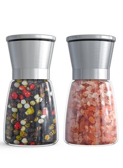 Salt and Pepper Grinder Set,Refillable Grinder Adjustable Coarseness of Pepper Salt Spice Stainless Steel Mills Glass 6oz（2 Pack）
