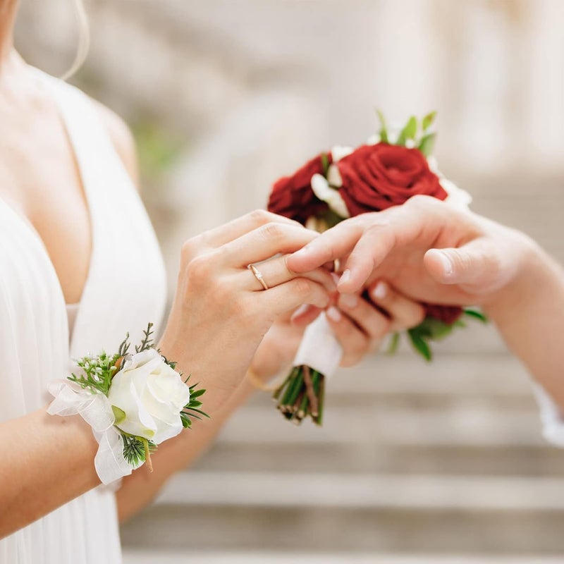 Excefore Rose Corsage Bracelet Floral Wedding Wrist Corsage with Pearl Flower Bracelet Rose Boutonniere Set for Wedding Bridal Shower Prom Bridesmaid Sisters - Image 3