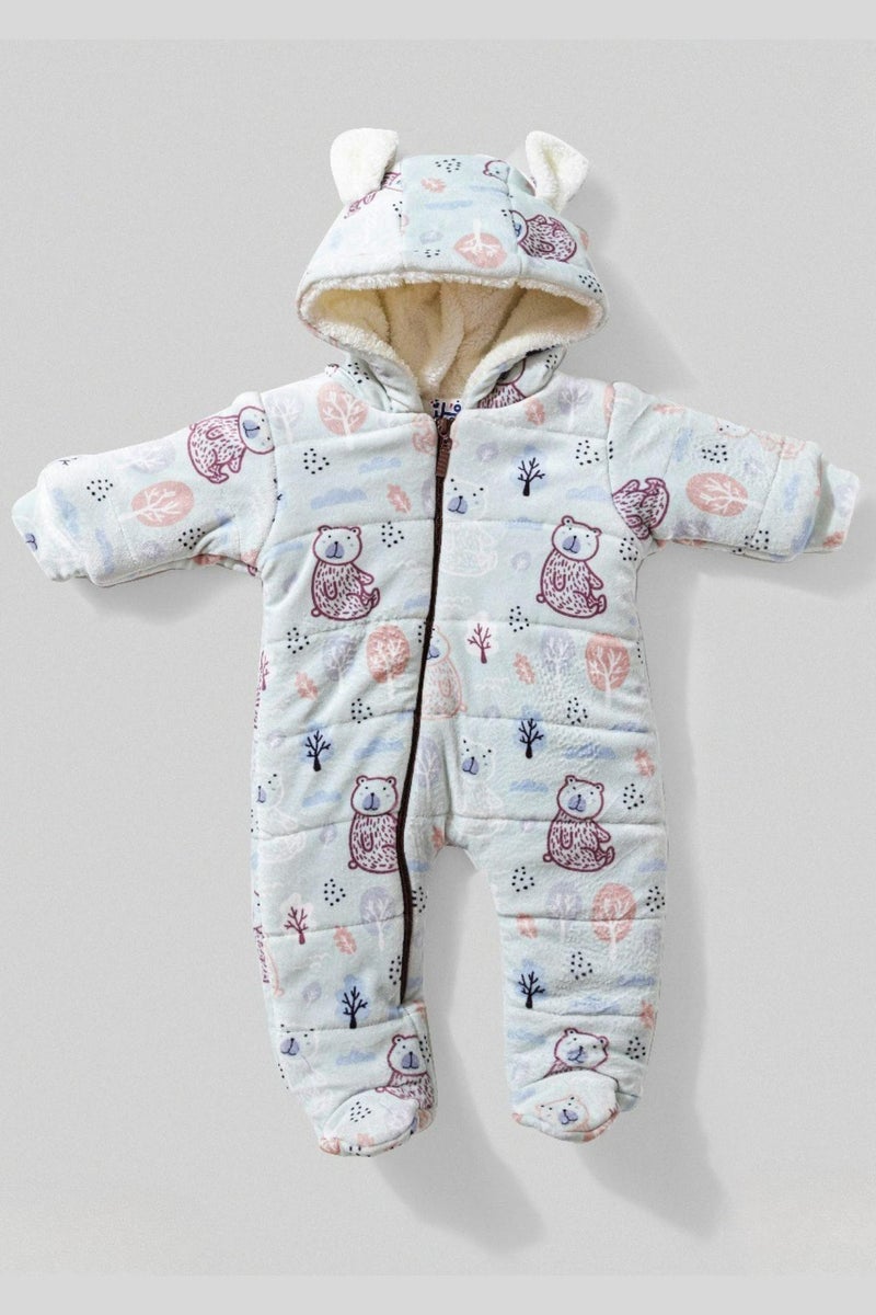 بدلة ثلج شتوية للأطفال مع غطاء للرأس، بطبعة حيوانية، ورومبير مبطن بالصوف بسحاب