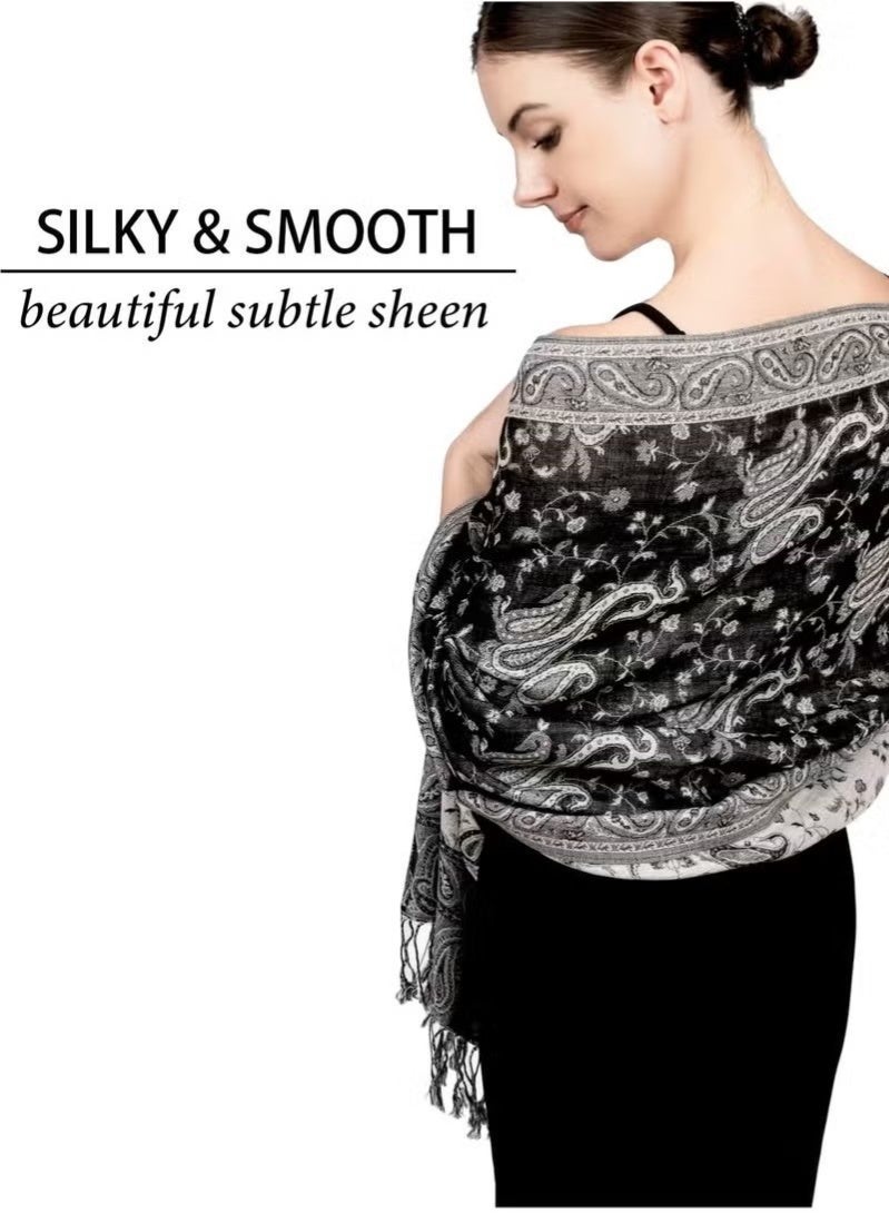 أخبار شال حريري نسائي، شال مريح وعصري، متعدد الاستخدامات (أسود وأبيض) - Image 2