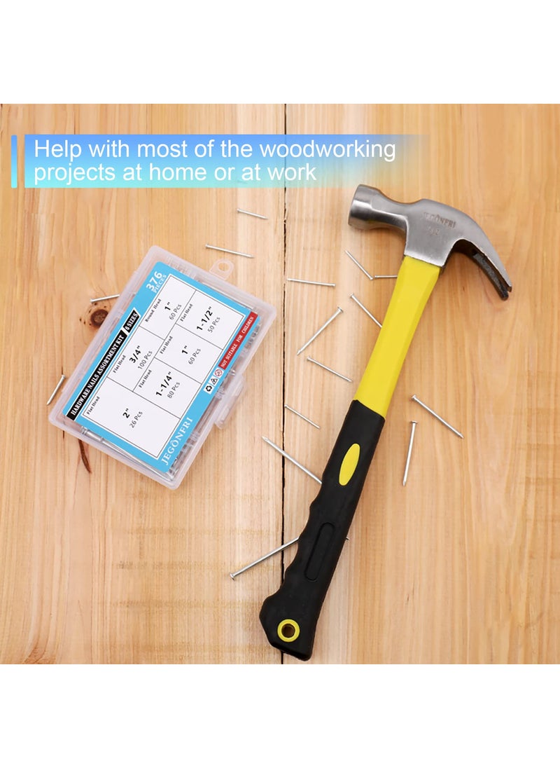 JEGONFRI 376pcs Hardware Nails Assortment kit with 2" Nails & 8oz Claw Hammer, Nails for Hanging Pictures, Picture Hanging Nails, Finishing nails, Wall nails, Small nails, Wood nails and Hammer  - Image 2