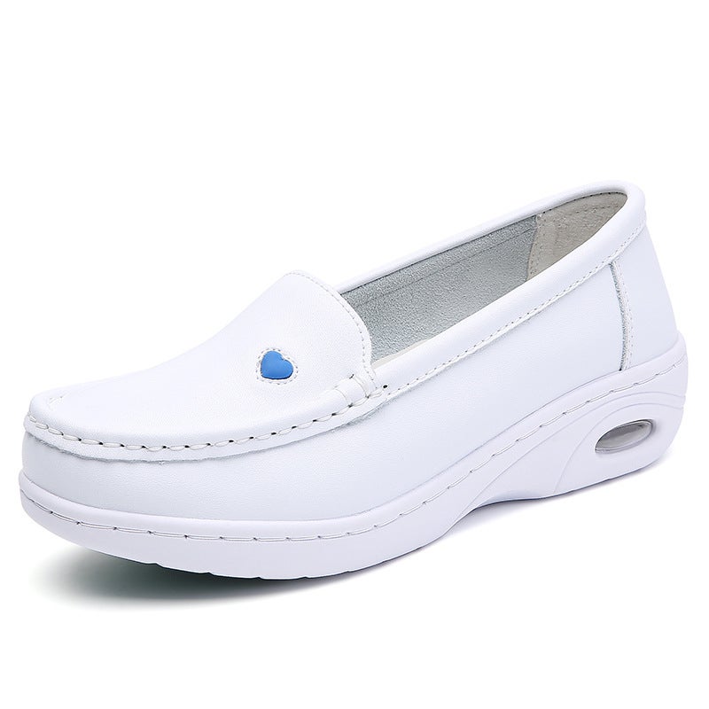 New Air Cushion Nurse Shoes Women's Soft Bottom Breathable Flat Non-slip Mid-heel Cowhide Thick Bottom Shallow Mouth Round-toe White Shoes - Image 1
