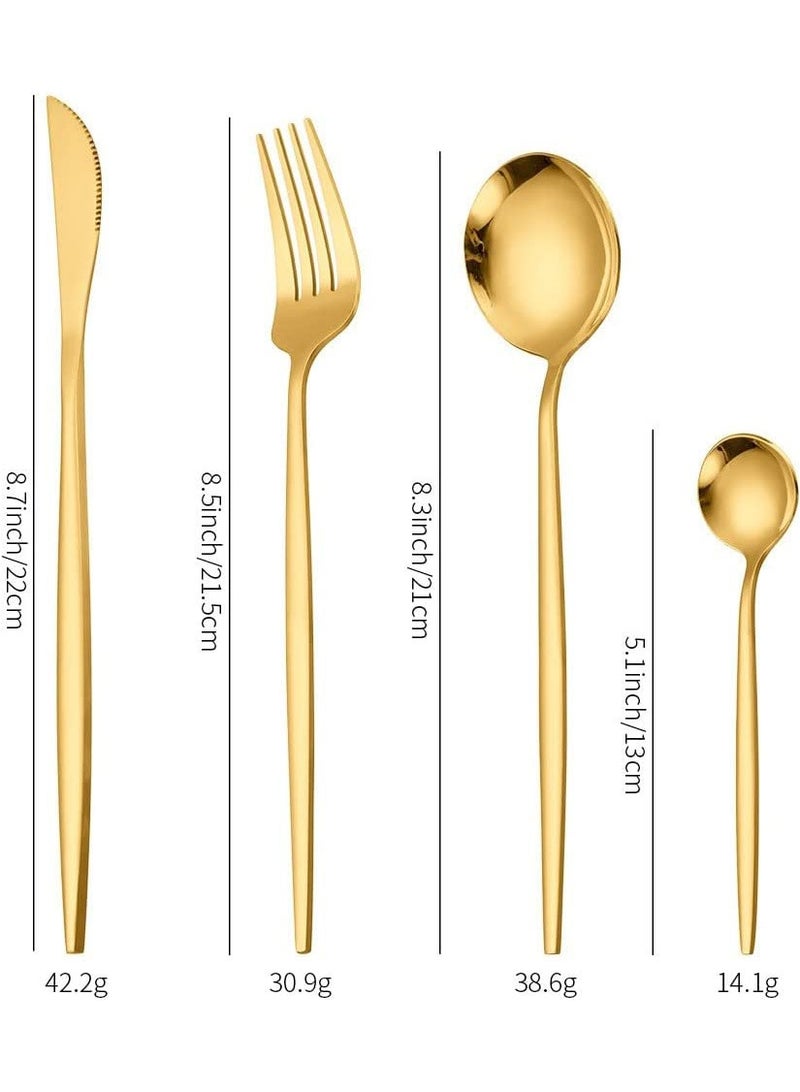 Arabest طقم أدوات المائدة من الفولاذ المقاوم للصدأ، أدوات مائدة محمولة، للسفر والتخييم، آمنة في غسالة الصحون، سكين ستيك/جبن/زبدة، شوكة حلوى، ملعقة شوربة (ذهبي، 24)  - Image 2