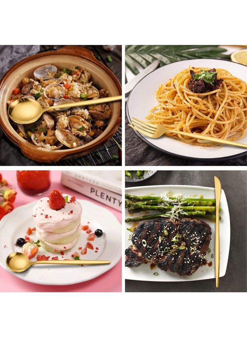 Arabest طقم أدوات المائدة من الفولاذ المقاوم للصدأ، أدوات مائدة محمولة، للسفر والتخييم، آمنة في غسالة الصحون، سكين ستيك/جبن/زبدة، شوكة حلوى، ملعقة شوربة (ذهبي، 24)  - Image 5