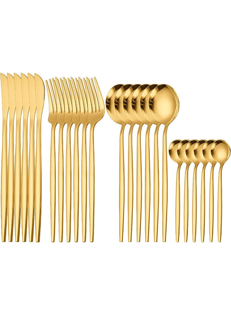 Arabest طقم أدوات المائدة من الفولاذ المقاوم للصدأ، أدوات مائدة محمولة، للسفر والتخييم، آمنة في غسالة الصحون، سكين ستيك/جبن/زبدة، شوكة حلوى، ملعقة شوربة (ذهبي، 24)  - Image 1