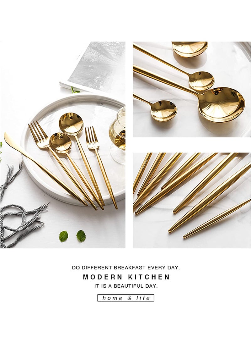 Arabest طقم أدوات المائدة من الفولاذ المقاوم للصدأ، أدوات مائدة محمولة، للسفر والتخييم، آمنة في غسالة الصحون، سكين ستيك/جبن/زبدة، شوكة حلوى، ملعقة شوربة (ذهبي، 24)  - Image 4